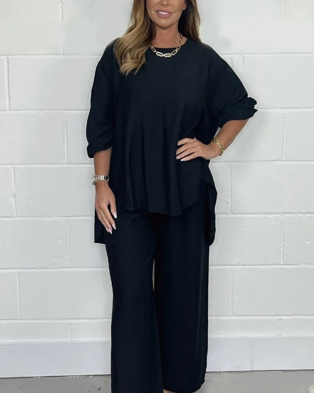 Women’s Casual Set with Asymmetrical Top and Wide-Leg Pants