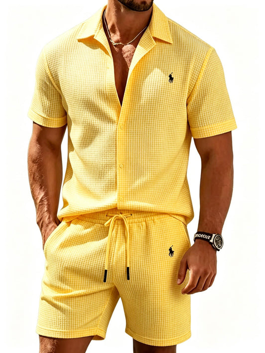 70% OFF Clearance! Men's Waffle-Knit Button-Down Shirt & Shorts Set, Casual Summer Outfit, Limited Stock