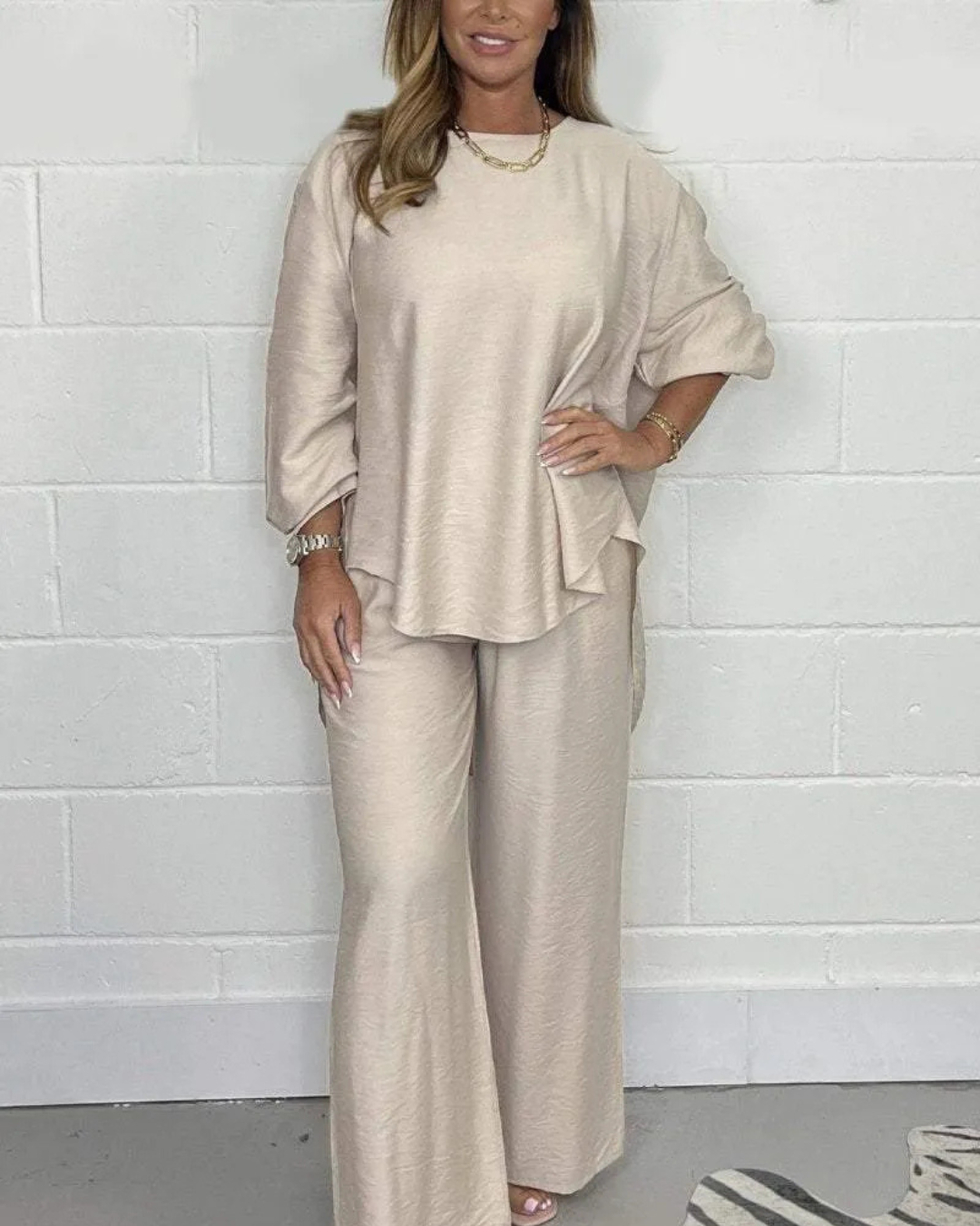 Women’s Casual Set with Asymmetrical Top and Wide-Leg Pants
