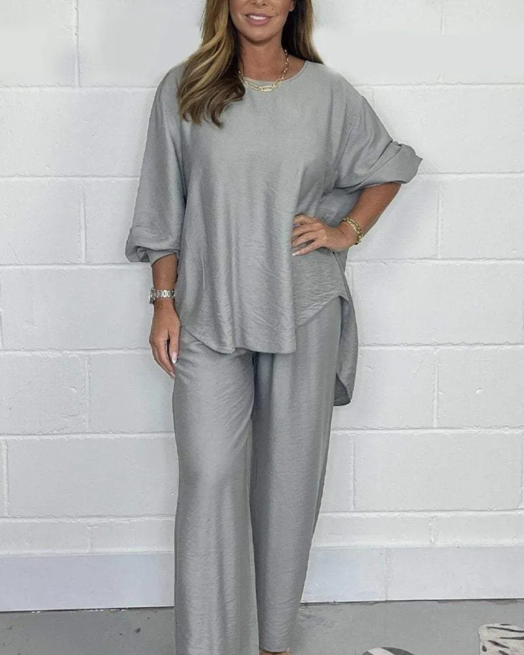 Women’s Casual Set with Asymmetrical Top and Wide-Leg Pants