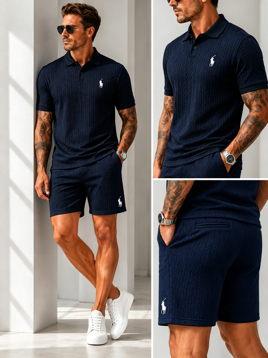 🔥70% OFF! Men's Cable Knit Polo & Shorts 2-Piece Set | Limited Stock!