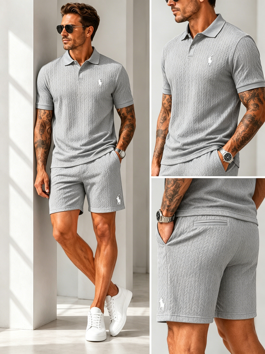 🔥70% OFF! Men's Cable Knit Polo & Shorts 2-Piece Set | Limited Stock!